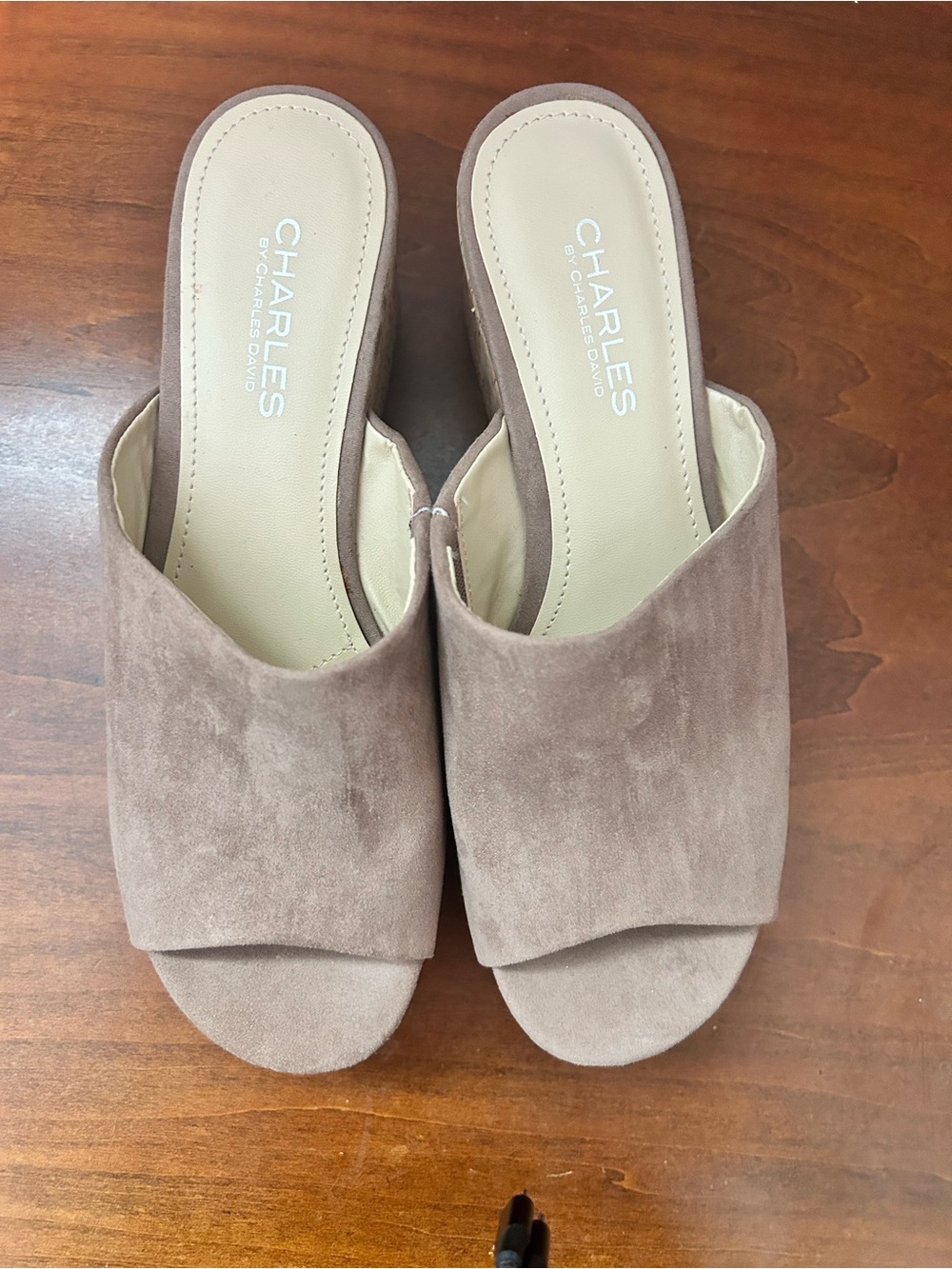 Charles by Charles David Taupe Suede Cork 3 inch Platform Wedge Mules 8M - Picture 2 of 10